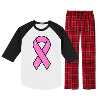 Distressed Breast Cancer Awareness Pink Ribbon Raglan Sleeve Pajama Set