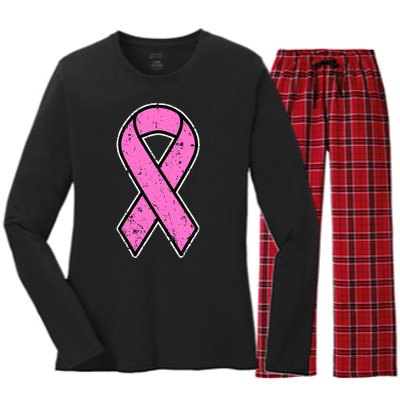 Distressed Breast Cancer Awareness Pink Ribbon Women's Long Sleeve Flannel Pajama Set 