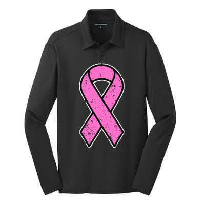 Distressed Breast Cancer Awareness Pink Ribbon Silk Touch Performance Long Sleeve Polo