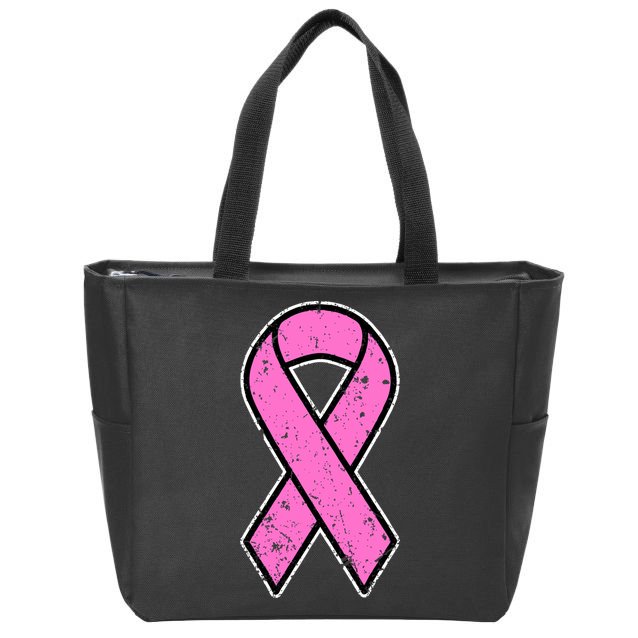 Distressed Breast Cancer Awareness Pink Ribbon Zip Tote Bag