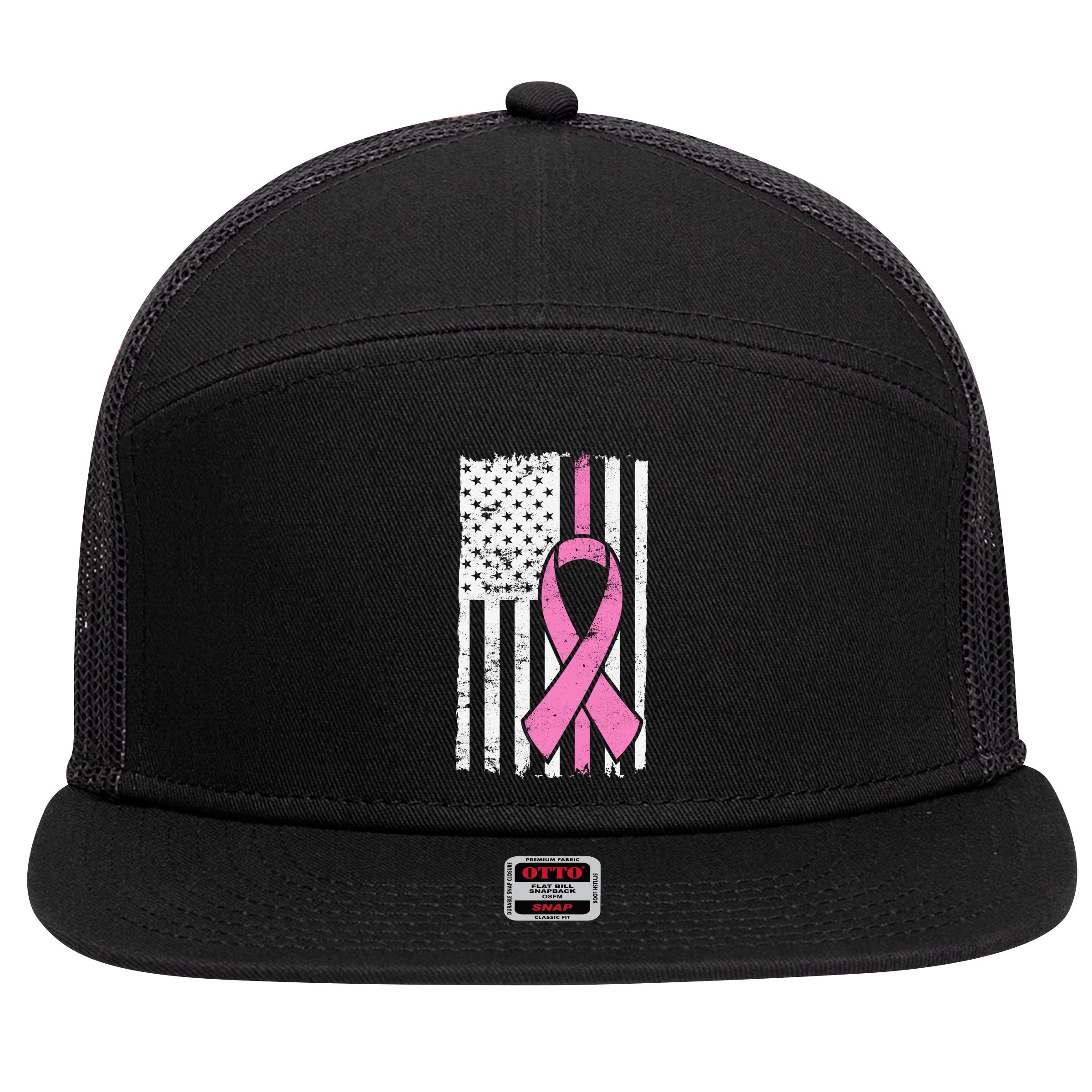 Distressed Breast Cancer Ribbon Flag 7 Panel Mesh Trucker Snapback Hat