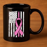 Distressed Breast Cancer Ribbon Flag 11oz C Handle Ceramic Mug