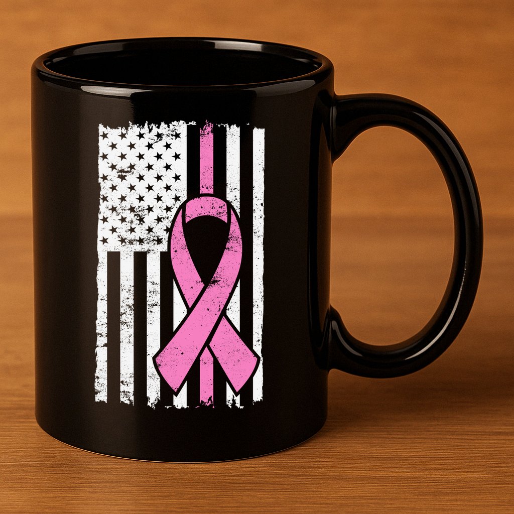 Distressed Breast Cancer Ribbon Flag 11oz C Handle Ceramic Mug