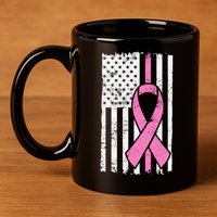 Distressed Breast Cancer Ribbon Flag 11oz C Handle Ceramic Mug