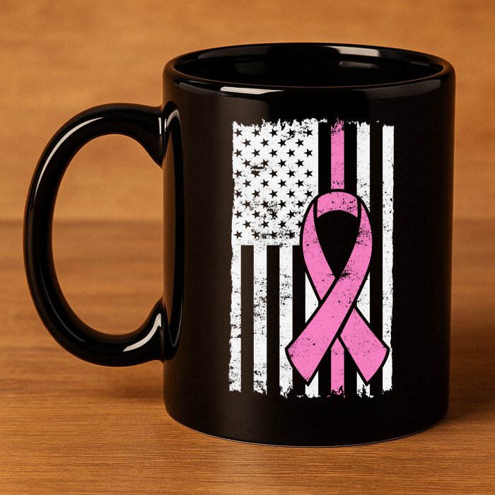 Distressed Breast Cancer Ribbon Flag 11oz C Handle Ceramic Mug