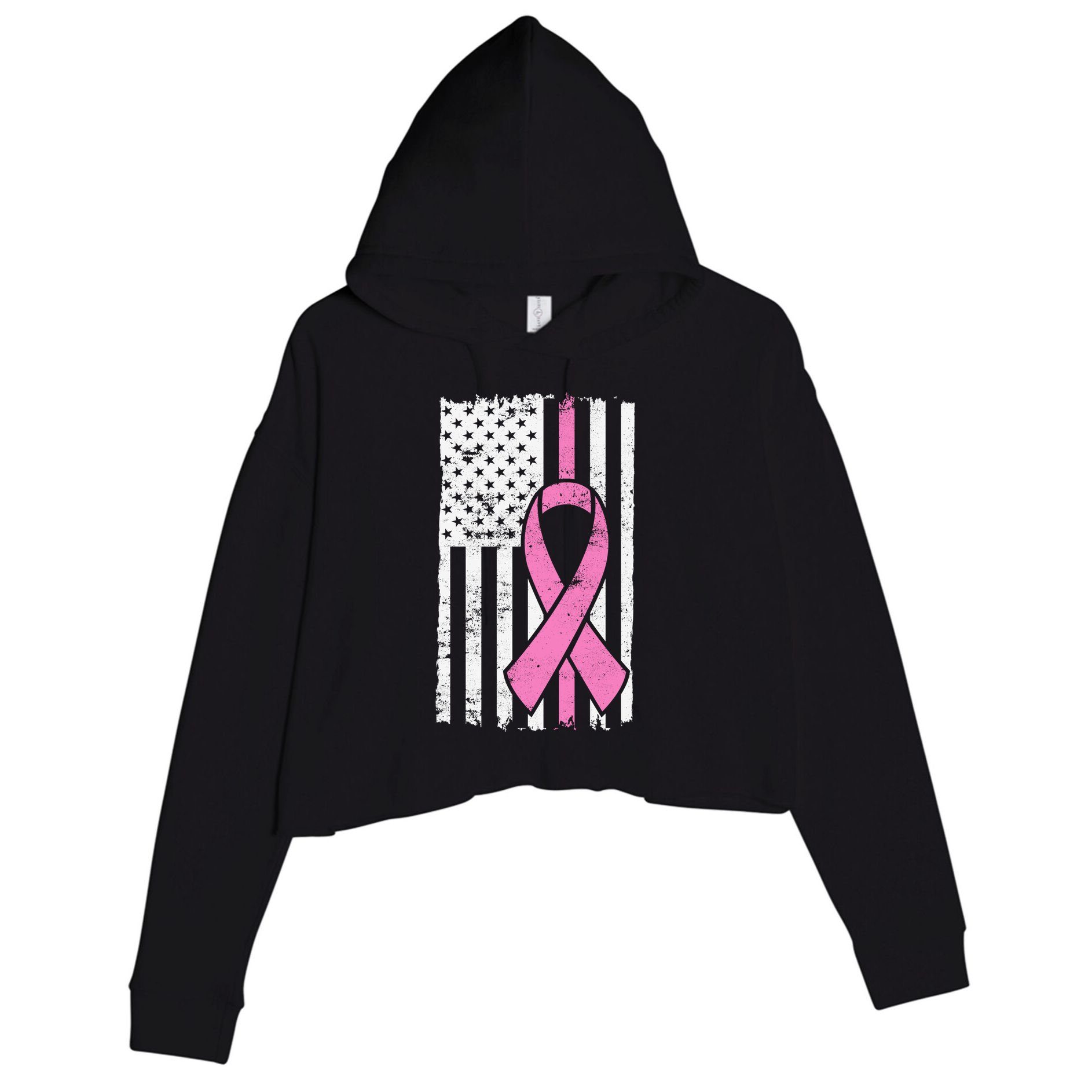 Distressed Breast Cancer Ribbon Flag Crop Fleece Hoodie
