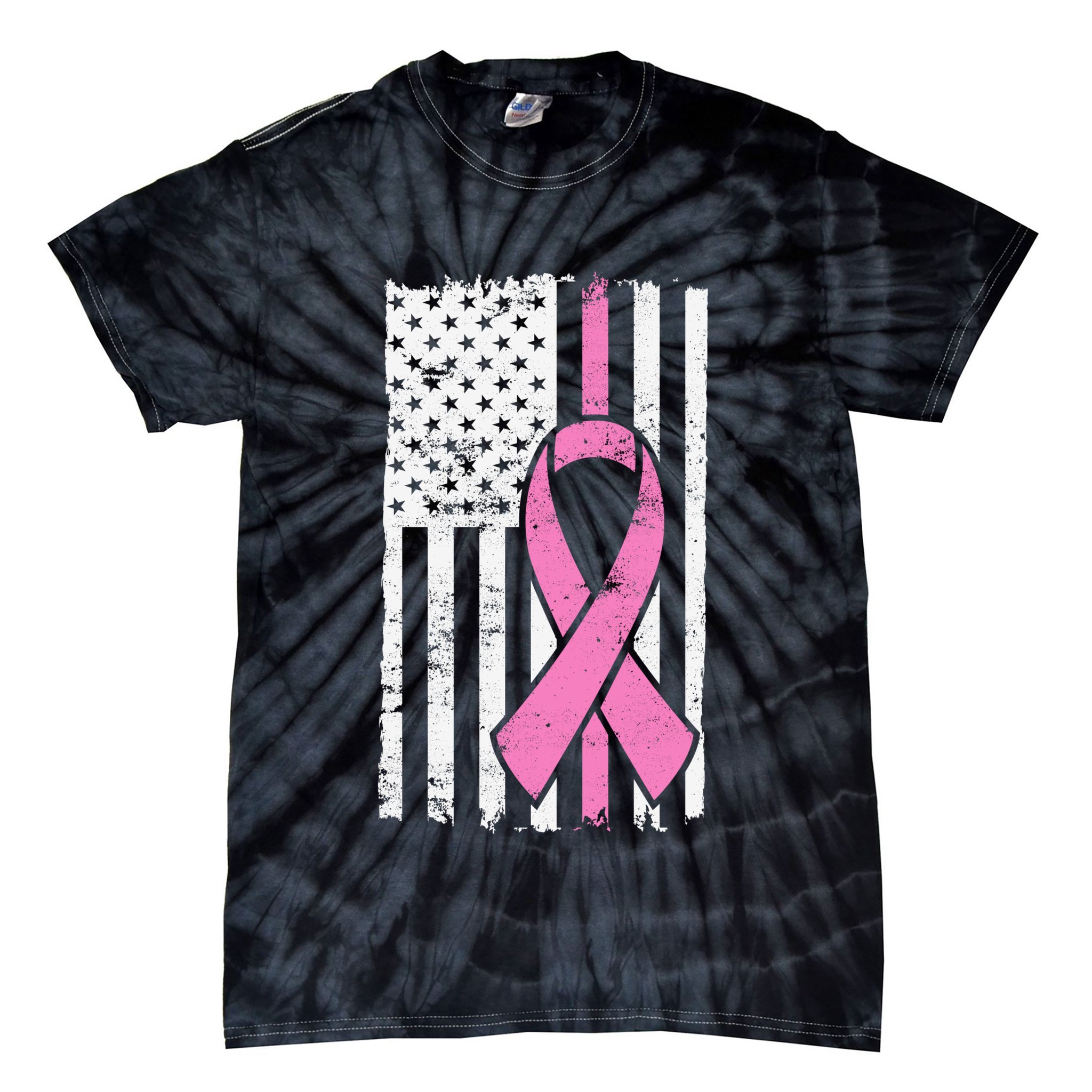Distressed Breast Cancer Ribbon Flag Tie-Dye T-Shirt