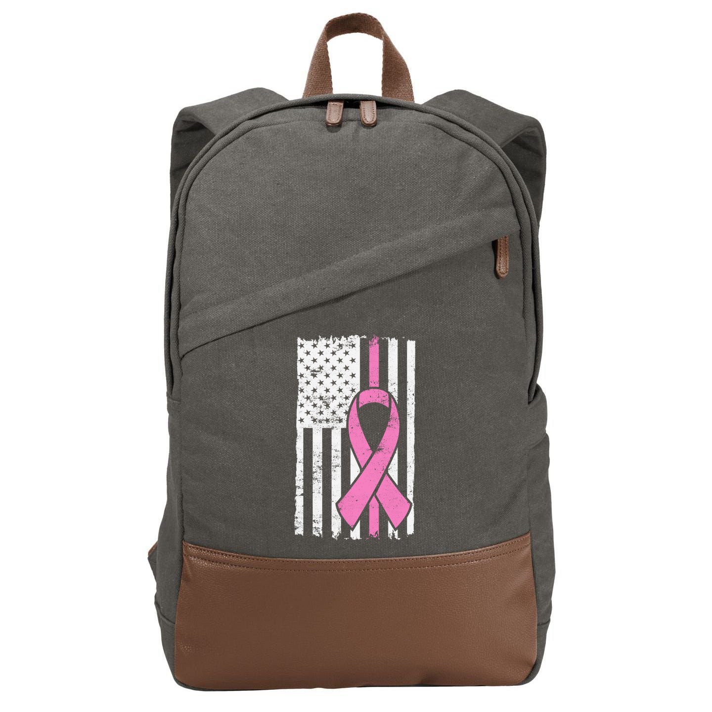 Distressed Breast Cancer Ribbon Flag Cotton Canvas Backpack