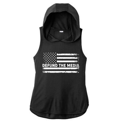 Distressed Defund The Media American Flag Ladies PosiCharge Tri-Blend Wicking Draft Hoodie Tank