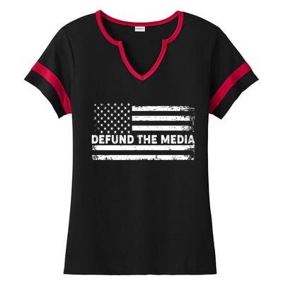 Distressed Defund The Media American Flag Ladies Halftime Notch Neck Tee