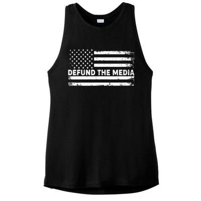 Distressed Defund The Media American Flag Ladies PosiCharge Tri-Blend Wicking Tank