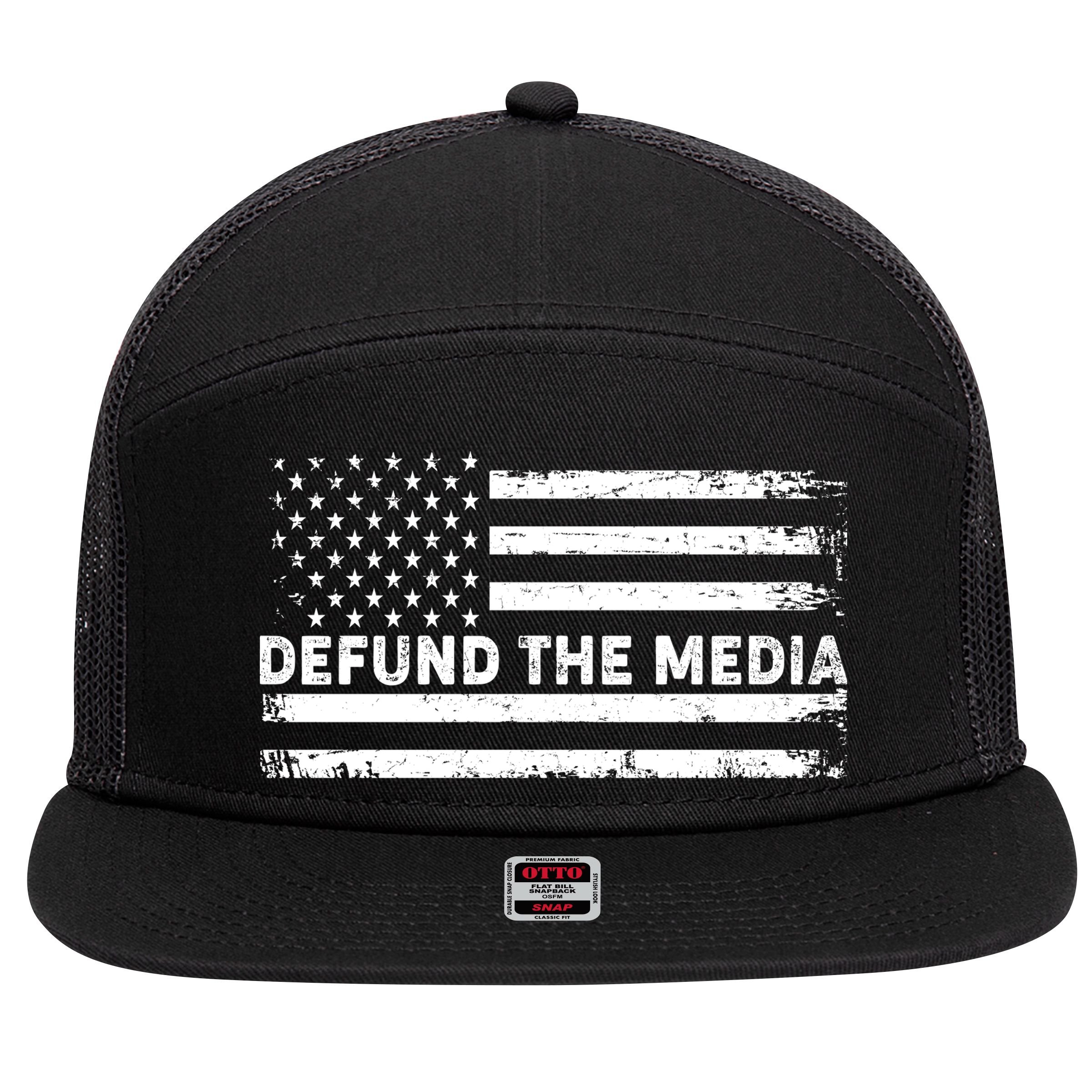 Distressed Defund The Media American Flag 7 Panel Mesh Trucker Snapback Hat