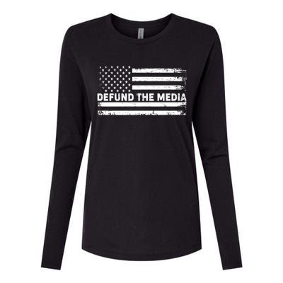 Distressed Defund The Media American Flag Womens Cotton Relaxed Long Sleeve T-Shirt