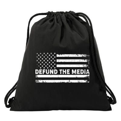Distressed Defund The Media American Flag Drawstring Bag