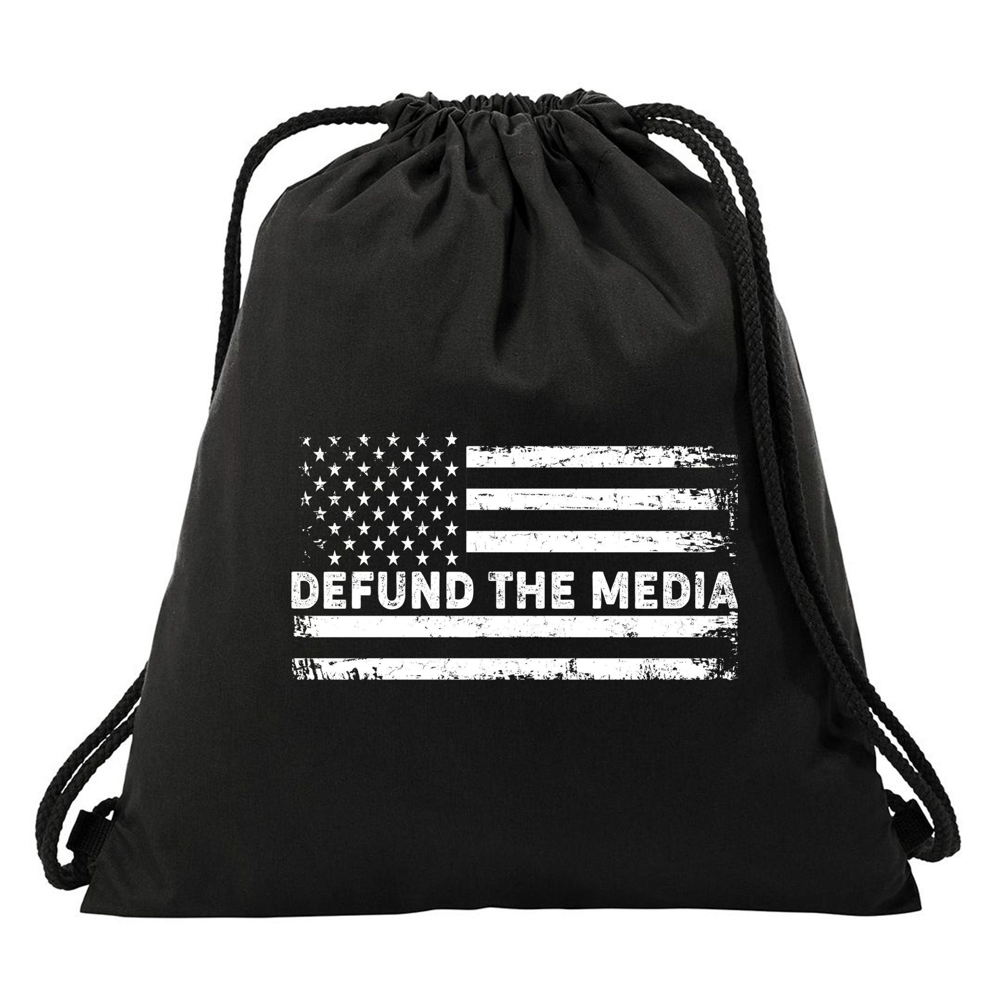 Distressed Defund The Media American Flag Drawstring Bag
