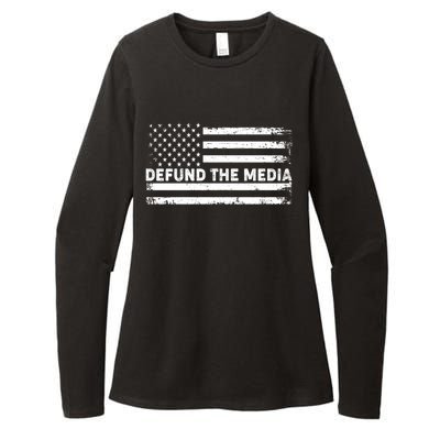 Distressed Defund The Media American Flag Womens CVC Long Sleeve Shirt