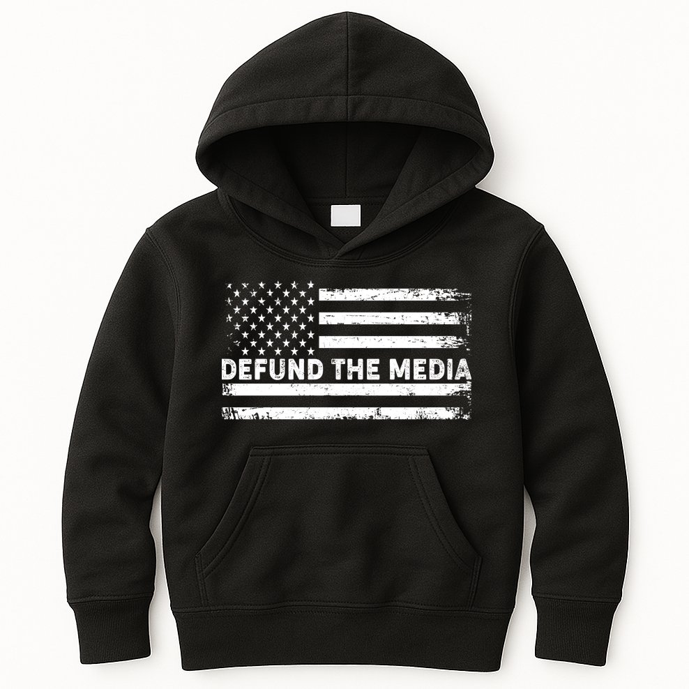 Distressed Defund The Media American Flag Kids Hoodie