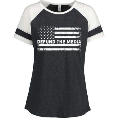 Distressed Defund The Media American Flag Enza Ladies Jersey Colorblock Tee