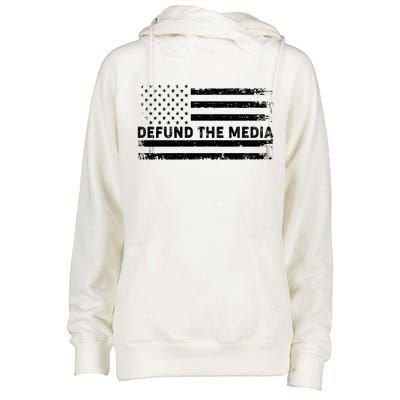 Distressed Defund The Media American Flag Womens Funnel Neck Pullover Hood