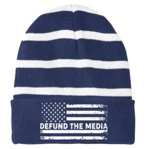 Distressed Defund The Media American Flag Striped Beanie with Solid Band