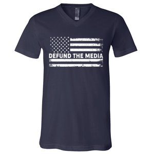 Distressed Defund The Media American Flag V-Neck T-Shirt