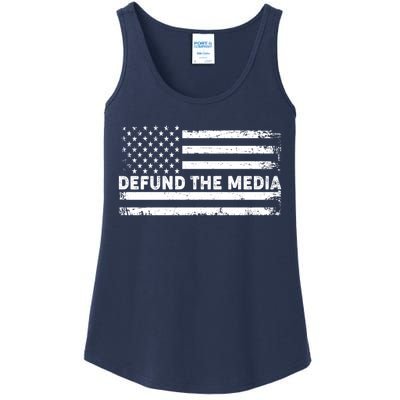 Distressed Defund The Media American Flag Ladies Essential Tank