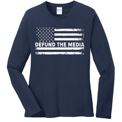 Distressed Defund The Media American Flag Ladies Long Sleeve Shirt