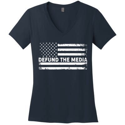 Distressed Defund The Media American Flag Women's V-Neck T-Shirt