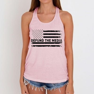 Distressed Defund The Media American Flag Women's Knotted Racerback Tank