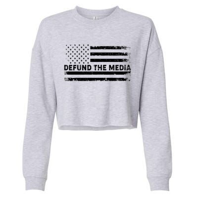 Distressed Defund The Media American Flag Cropped Pullover Crew