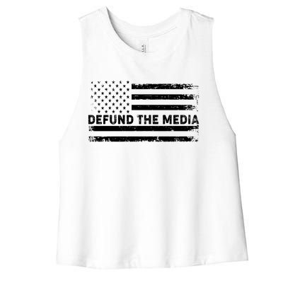 Distressed Defund The Media American Flag Women's Racerback Cropped Tank