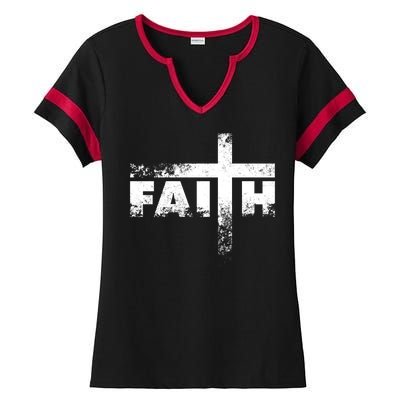 Distressed Faith Cross  Ladies Halftime Notch Neck Tee