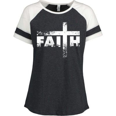 Distressed Faith Cross  Enza Ladies Jersey Colorblock Tee