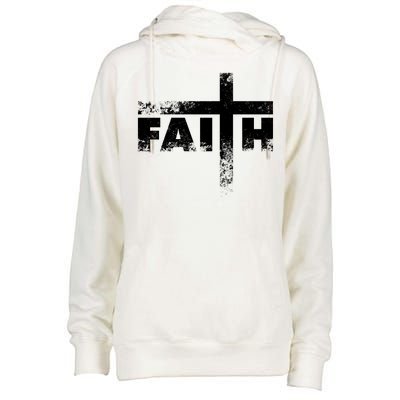 Distressed Faith Cross  Womens Funnel Neck Pullover Hood