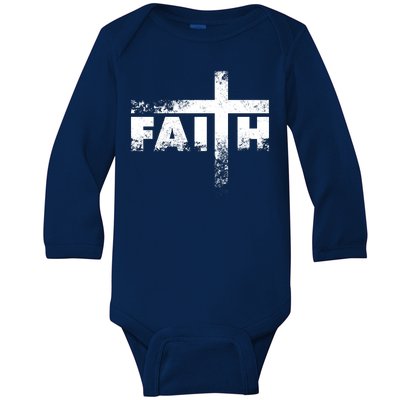 Distressed Faith Cross  Baby Long Sleeve Bodysuit