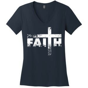 Distressed Faith Cross  Women's V-Neck T-Shirt