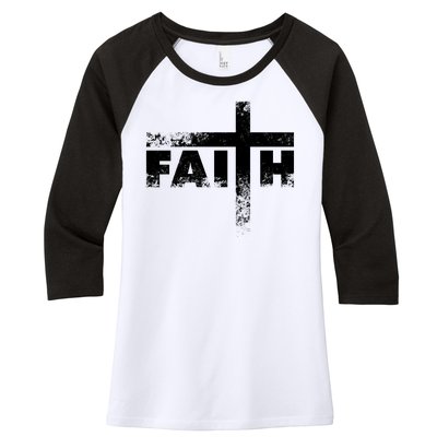 Distressed Faith Cross  Women's Tri-Blend 3/4-Sleeve Raglan Shirt