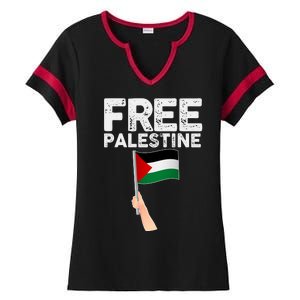 Distressed Free Palestine Waving Flag Ladies Halftime Notch Neck Tee