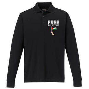 Distressed Free Palestine Waving Flag Performance Long Sleeve Polo