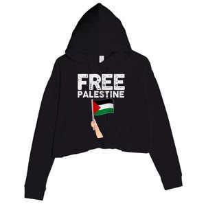 Distressed Free Palestine Waving Flag Crop Fleece Hoodie