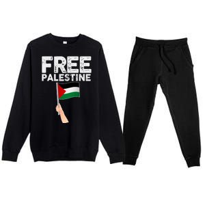 Distressed Free Palestine Waving Flag Premium Crewneck Sweatsuit Set