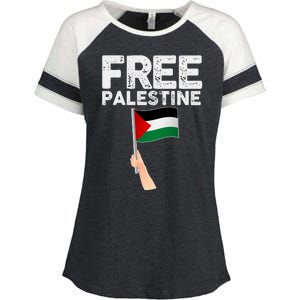 Distressed Free Palestine Waving Flag Enza Ladies Jersey Colorblock Tee