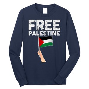 Distressed Free Palestine Waving Flag Long Sleeve Shirt