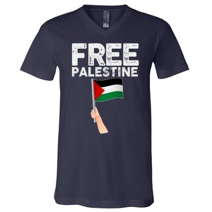 Distressed Free Palestine Waving Flag V-Neck T-Shirt