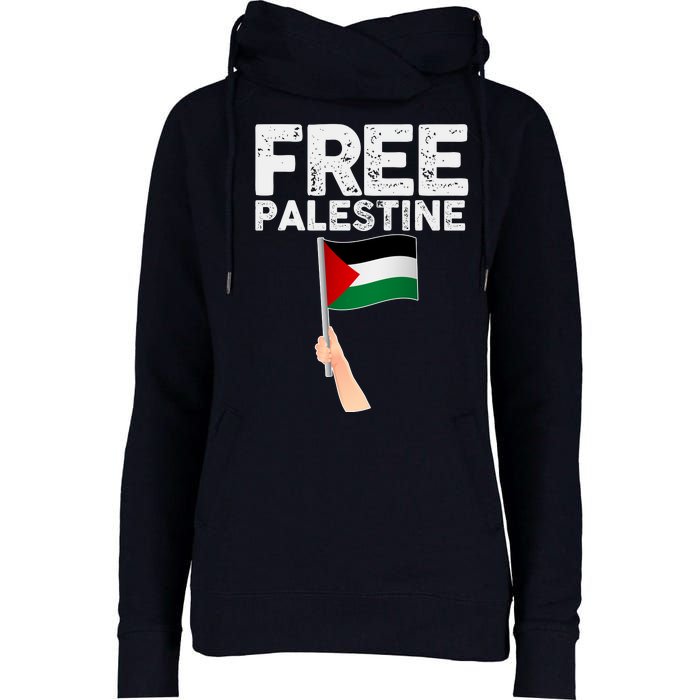 Distressed Free Palestine Waving Flag Womens Funnel Neck Pullover Hood