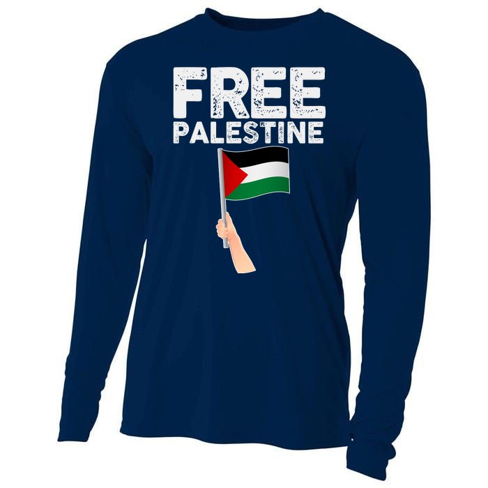 Distressed Free Palestine Waving Flag Cooling Performance Long Sleeve Crew