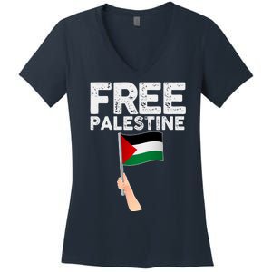 Distressed Free Palestine Waving Flag Women's V-Neck T-Shirt