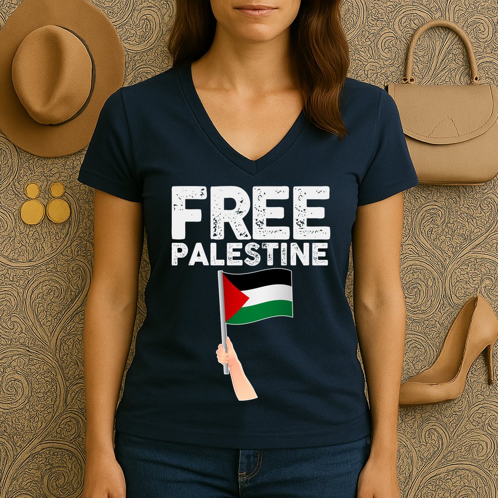 Distressed Free Palestine Waving Flag Women's V-Neck T-Shirt