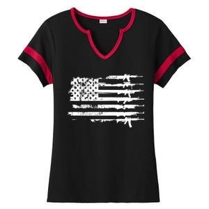 Distressed Gun Riffle US Flag Ladies Halftime Notch Neck Tee