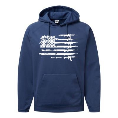 Distressed Gun Riffle US Flag Performance Fleece Hoodie